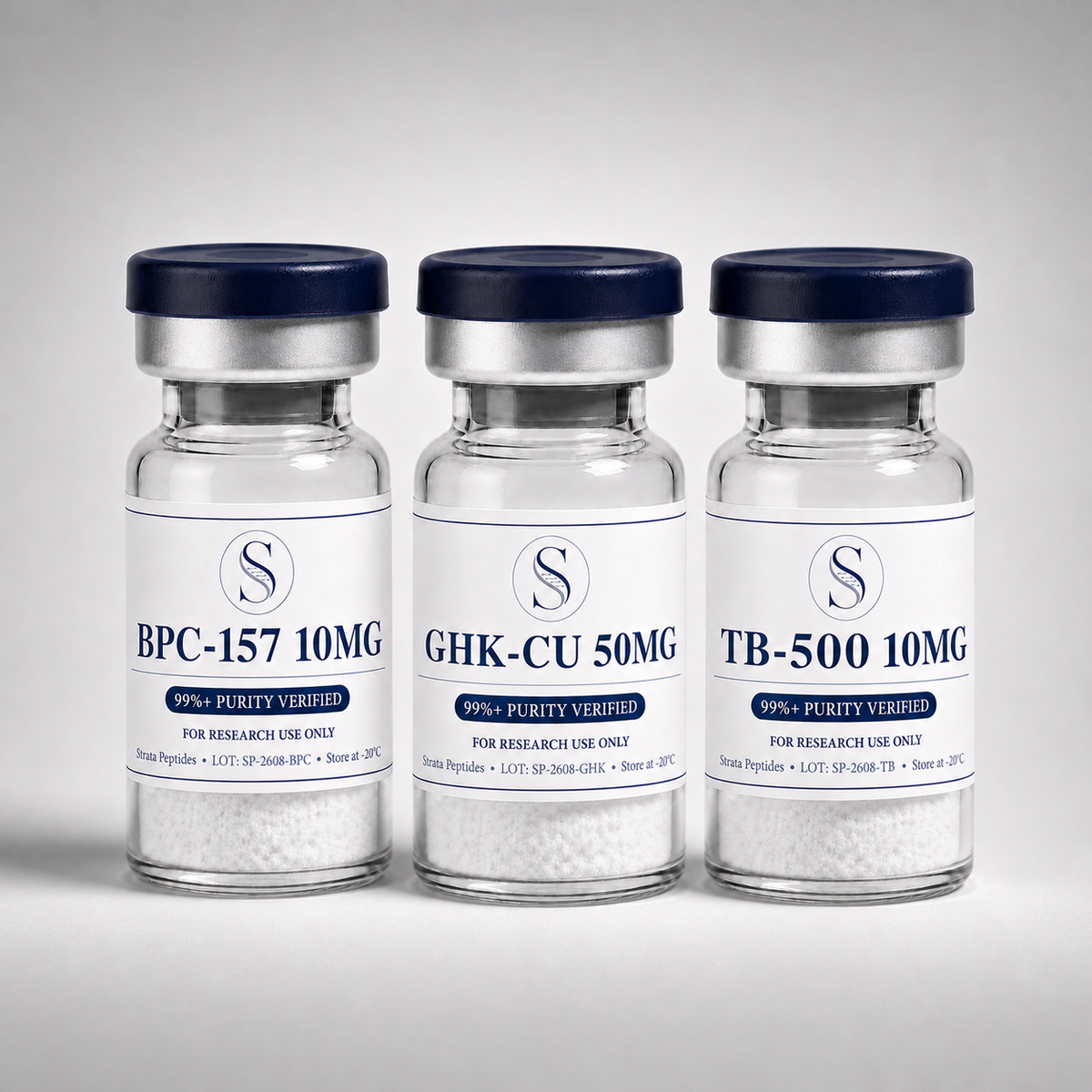 Complete recovery bundle with TB-500, GHK-Cu 50 and BPC-157 vials by Strata Peptides